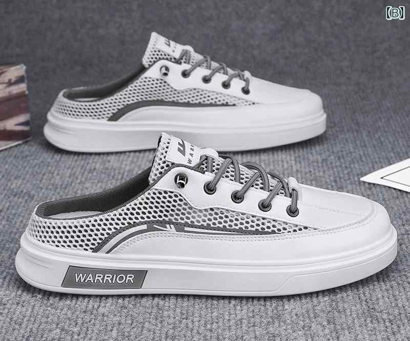 かかとなし シューズ メンズ キャンバス 夏 メッシュ 通気性 歩きやすい カジュアル スリッポン 紐あり 白 緑 グレー シンプル おしゃれ