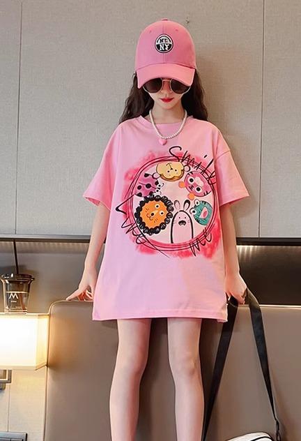 tシャツ キッズ ビッグシルエット 女の子 春夏 半袖 トップス ゆったり ラウンドネック 韓国 カジュアル 柔らかい 快適 肌に優しい おしゃれ かわいい プリント アニマル ピンク 白