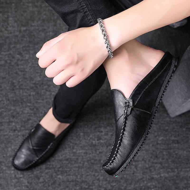 かかとなし スリッパ 靴 メンズ ハーフ 夏 通気性 つま先あり サンダル おしゃれ 革靴 カジュアル オフィス 履き替え 紐なし フラット 黒 グレー 茶