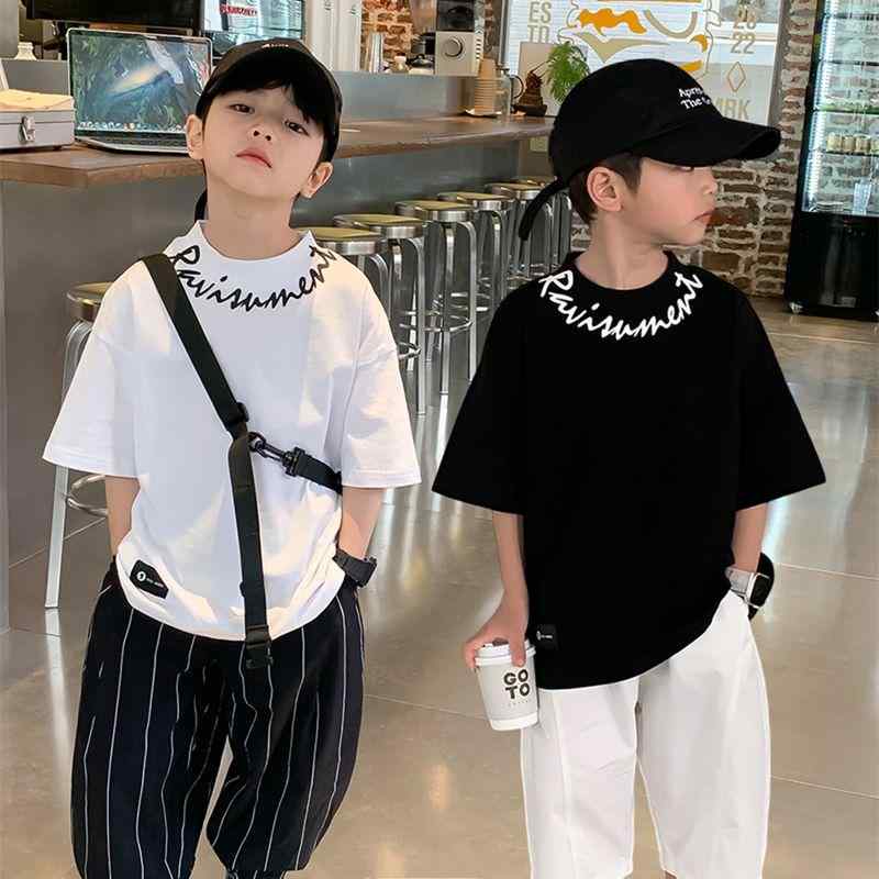 Tシャツ キッズ 男の子 夏 半袖 綿 吸汗 子供服 ゆったり ストリート系 ダンス ヒップホップ ラウンドネック シンプル かっこいい カジュアル 黒 白