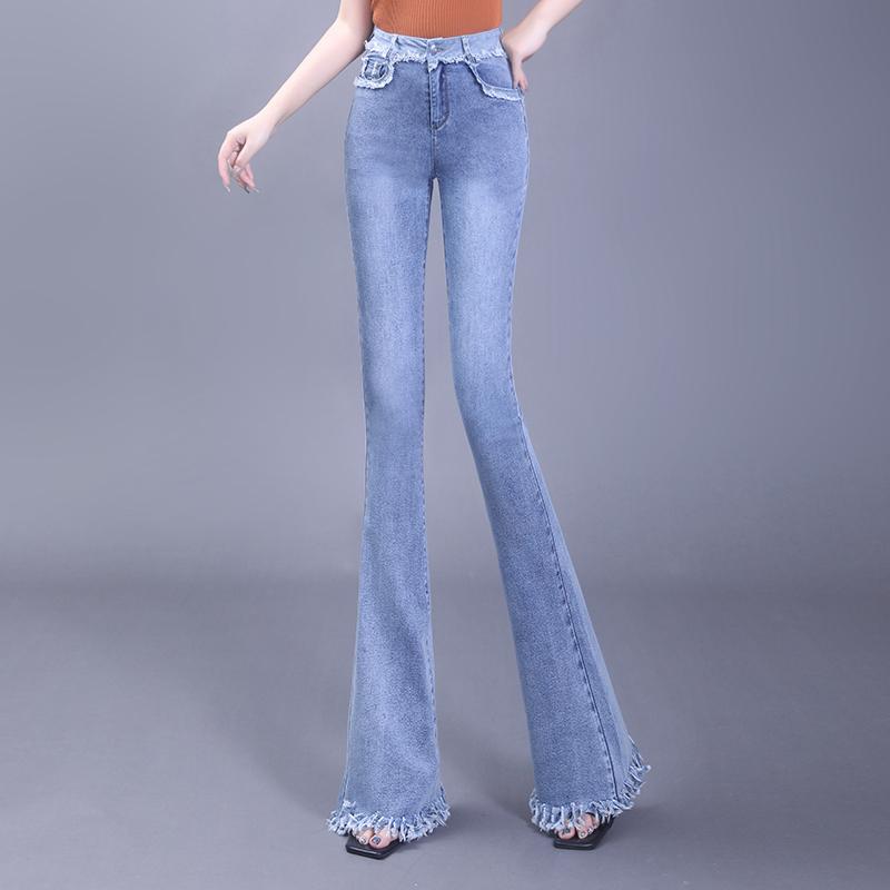 デニム フレアパンツ レディース 着瘦せ ハイウエスト 春夏 大きいサイズ 履きやすい 青 カジュアル フリンジ おしゃれ