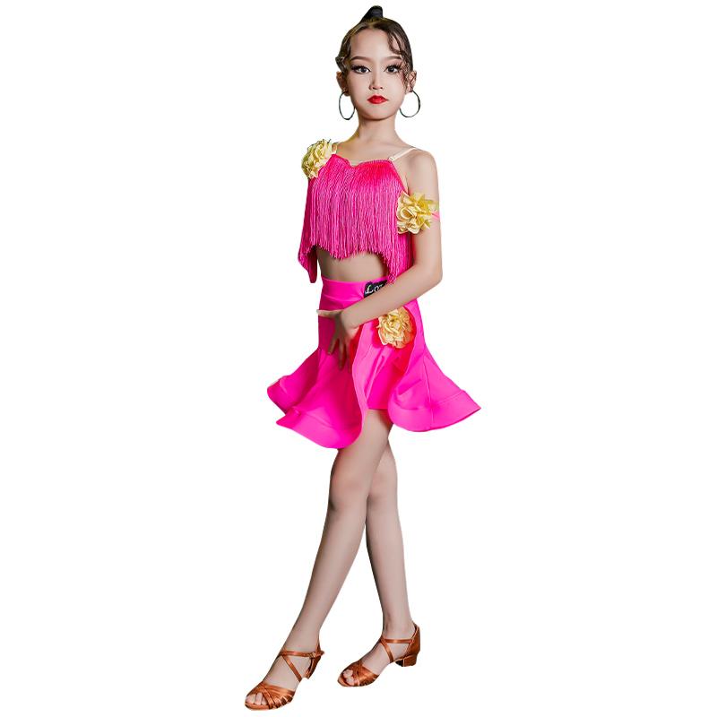 ラテンダンス衣装 キッズ 夏 子供 女の子 ジュニア フリンジ スカート フレア キャミソール 背中開き セパレート パフォーマンス 競技 トレーニング シンプル エレガント セクシー 青 ローズレッド