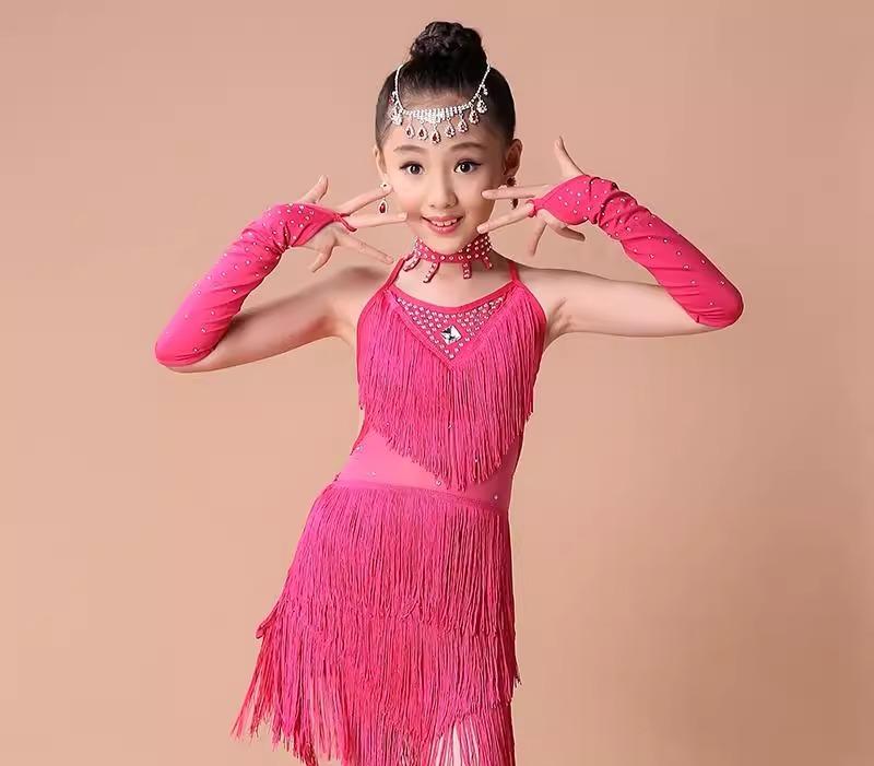 ラテンダンス衣装 キッズ 春夏 女の子 ジュニア 大きいサイズ フリンジ スカート ミニ丈 キャミソール ワンピース 背き キラキラ ビジュー ラインストーン パフォーマンス 舞台 競技 トレーニング エレガント セクシー 青 赤 ピンク