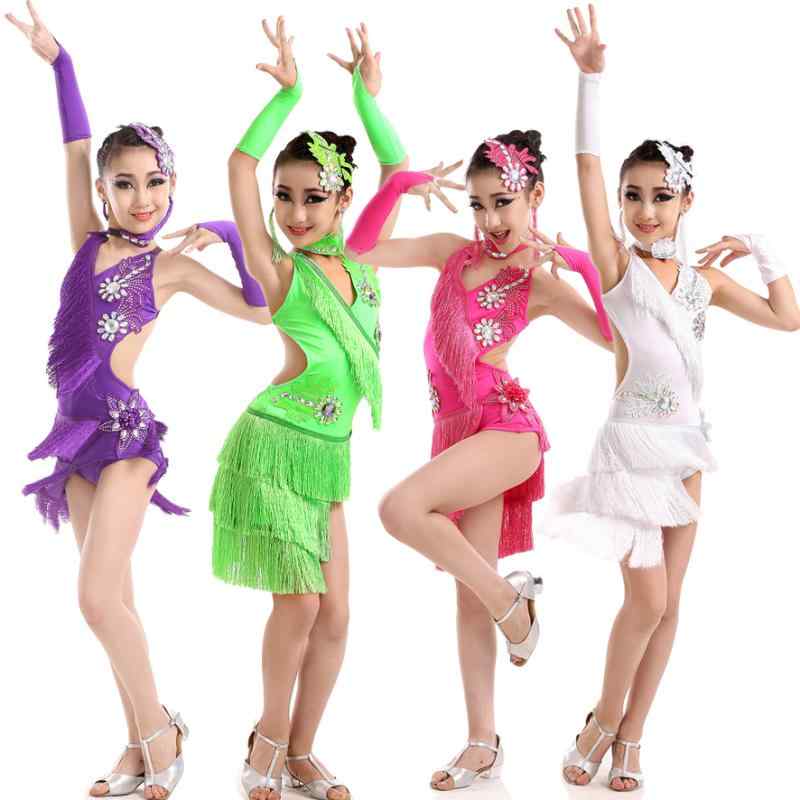 ラテンダンス衣装 キッズ 女の子 子供 ジュニア フリンジ スカート アシンメトリー 背中開き キラキラ 装飾 ビジュー ラインストーン パフォーマンス 競技 トレーニング 舞台 エレガント セクシー 白 ピンク 緑