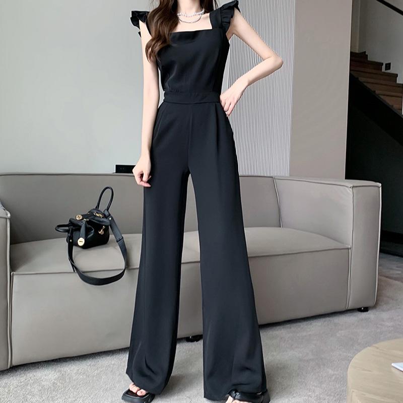 オールインワン レディース ロングパンツ ワイドレッグ ノースリーブ フリル スクエアネック ハイウエスト スリム フィット 涼しい 薄手 ソフト 通気 エレガント おしゃれ 無地 黒