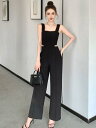 夏 オールインワン レディース ロングパンツ ワイドレッグ タンクトップ スクエアネック カットアウト フェイクツーピース ハイウエスト ゆったり おしゃれ エレガント 黒(4)