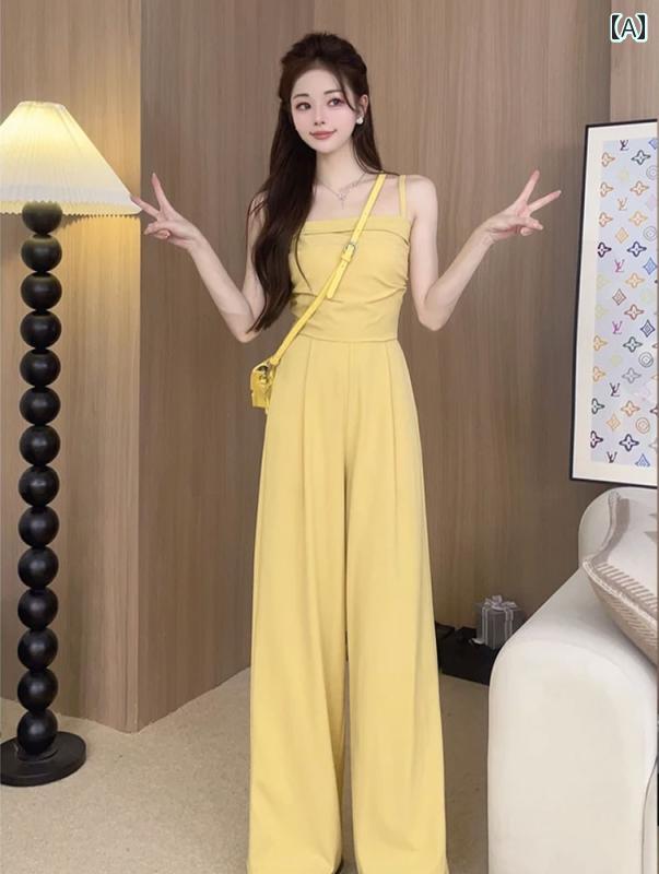 夏 オールインワン レディース 韓国 ロングパンツ ワイドレッグ ストレート キャミソール 薄手 スリム カジュアル おしゃれ 無地 黄色 緑 アイボリー