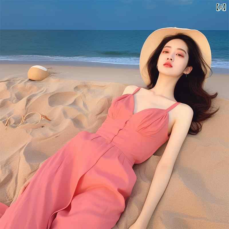 夏 オールインワン レディース ロングパンツ ワイドレッグ キャミソール ハイウエスト スリム ビーチ フレンチ おしゃれ シンプル 無地 ピンク