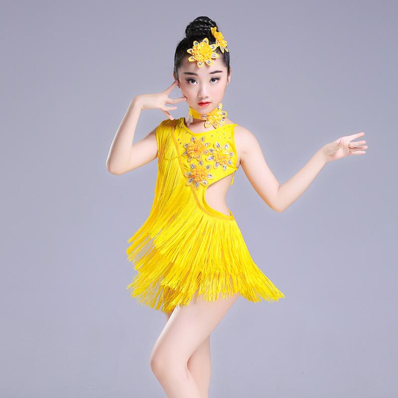ラテンダンス衣装 キッズ 春夏 女の子 子供 ジュニア フリンジ スカート 背中開き アシンメトリー ワンピース 装飾 キラキラ ビジュー ラインストーン パフォーマンス 競技 トレーニング 舞台 エレガント セクシー 青 黄 緑 花
