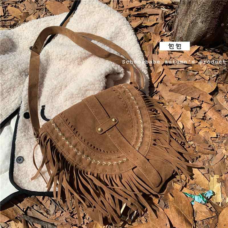 ショルダー バッグ レディース 小さめ ポシェット カジュアル おしゃれ フリンジ ボヘミアン エスニック お出かけ 斜め掛け 使いやすい スエード風 レトロ メッセンジャー 内ポケット ジッパー(4)