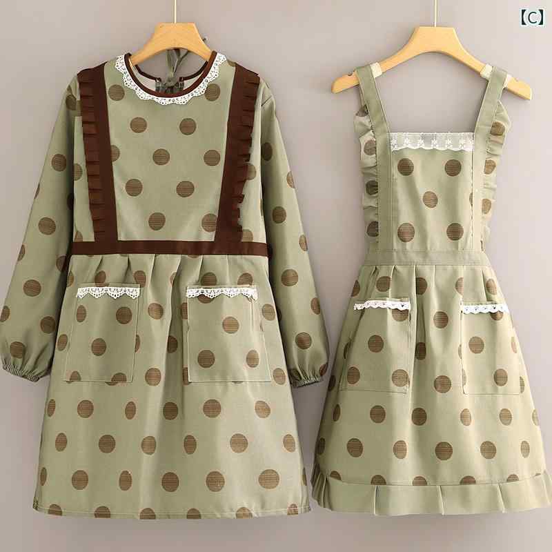 エプロン レトロ かわいい レディース 韓国 キャンバス コットン フリル レース ポケット 襟 割烹着 スモッグ 長袖 H型 後ろ結び 通気性 防汚 耐摩耗 キッチン 飲食店 カフェ 保育士 ガーリー 水玉 イエロー ブラック グリーン セット