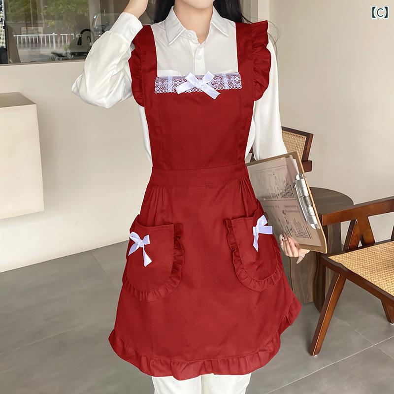 エプロン レトロ かわいい レディース ポケット 後ろ結び バッククロス 袖なし フリル レース リボン 通気性 防汚 コットン 韓国 キッチン 家事 ガーデニング 飲食店 カフェ 花屋 保育士 ガーリー ワインレッド ピンク ブラック セット