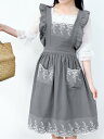 エプロン レトロ かわいい レディース ポケット 後ろ結び バッククロス 袖なし フリル レース 花 刺繍 通気性 防汚 コットン 韓国 薄手 柔らかい キッチン 家事 ガーデニング 飲食店 カフェ 花屋 保育士 ガーリー グレー ピンク セット