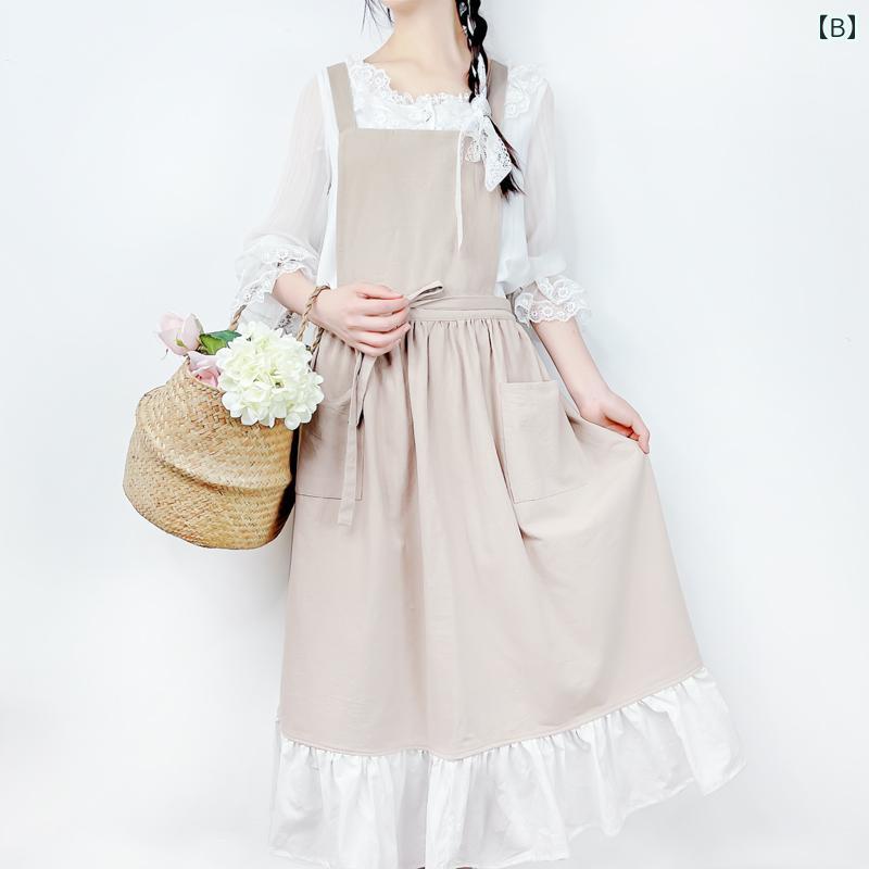 エプロン ワンピース ロング レトロ かわいい 北欧 レディース ポケット 前結び バッククロス 袖なし フリル 通気性 防汚 コットン キッチン 家事 ガーデニング 飲食店 カフェ 花屋 保育士 ガーリー チャコールグレー ピンク オートミール