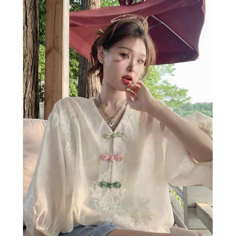 ランタンスリーブ 半袖 トップス 刺繍 透け感 シャツ レディース 夏 シースルー 薄手 ブラウス シック ボタン 中国風 Vネック バルーン