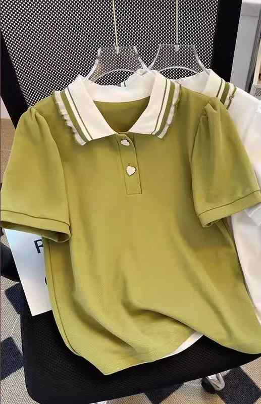 Short Sleeves - ポロシャツ キッズ 半袖 夏 韓国 女の子 ジュニア トップス ゆったり シンプル カジュアル スタイリッシュ キャンパスルック 緑 白 ハート
