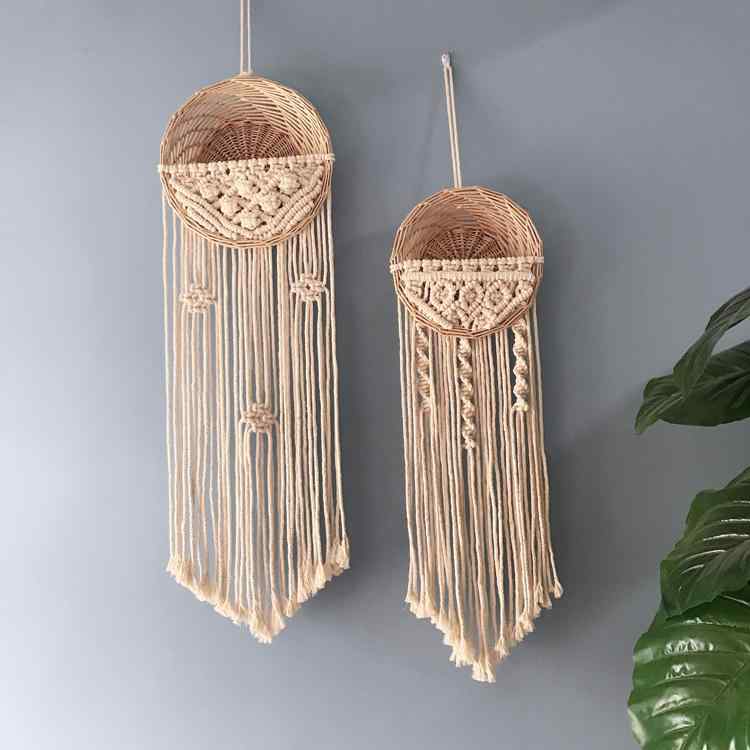 壁掛け 収納 編み 北欧 マクラメ ロープ 綿 ハンギング バスケット 籐 吊り かご 装飾 植木鉢 花 リビ..