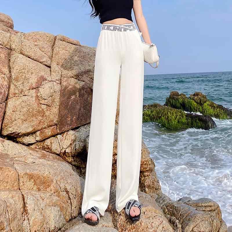 ワイドパンツ レディース ひんやり素材 ウエストゴム 体型カバー スタイリッシュ 白 黒 大きいサイズ ストレート 通気性 着痩せ ゆったり