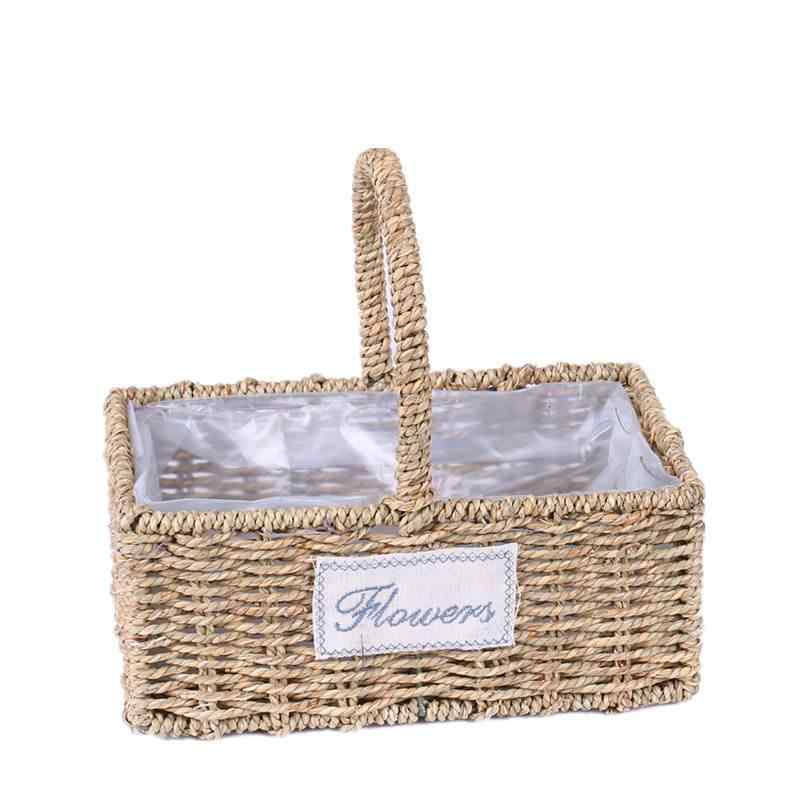 ラタン バスケット 円形 長方形 持ち手 裏地 ポータブル リビング フラワーアレンジメント フルーツ イ..