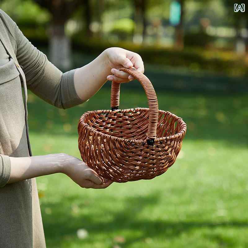 ラタン バスケット 円形 長方形 持ち手 レース リボン タッセル 裏地 ポータブル リビング フラワーア..