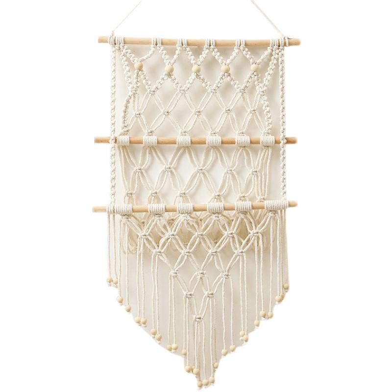 壁掛け 収納 編み マクラメ ロープ 手織り 飾り棚 雑誌 本棚 ラック リビング 寝室 宿 壁 吊り下げ 装..