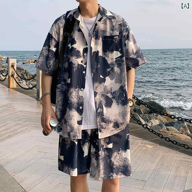 シャツ メンズ 派手 カラフル リゾート ハワイアン アロハ 夏 薄手 半袖 半ズボン セットアップ ゆったり 大きいサイズ ラフ カジュアル オレンジ ホワイト ブルー