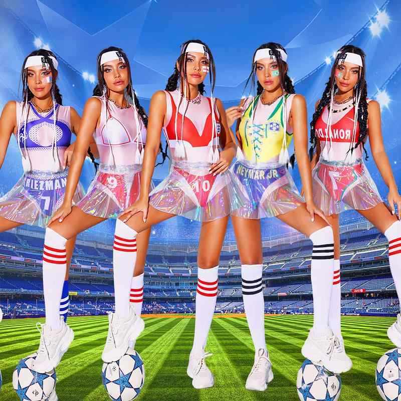 ダンス 衣装 チアガール 発表会 レディース サッカー 応援 ユニフォーム セットアップ 靴下 伸縮性 国旗 アルゼンチン ブラジル 赤 黄 青