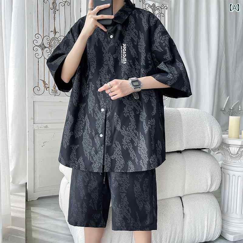 シャツ メンズ 派手 カラフル 夏 カジュアル ラフ ゆったり 大きいサイズ 半袖 半ズボン セットアップ 薄手 おしゃれ ブラック ホワイト