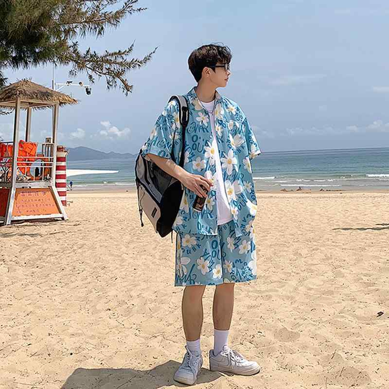 シャツ メンズ 派手 カラフル 夏 アロハ ビーチ ハワイアン カジュアル ラフ ゆったり 大きいサイズ 半袖 半ズボンセットアップ 花柄 薄手 速乾性 オレンジ 青 黒