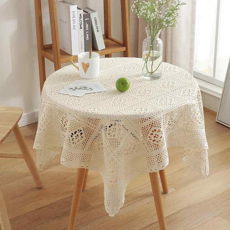 テーブルクロス おしゃれ レトロ かぎ針編み レース ラウンド型 正方形 アメリカン シンプル タッセル インテリア デスクマット キッチン リビング アイボリー 白 花柄