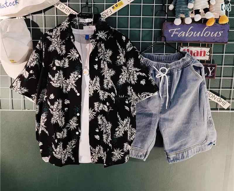 シャツ メンズ 派手 カラフル 夏 アロハ ビーチ ハワイアン カジュアル ラフ ゆったり 大きいサイズ 半袖 半ズボン デニム ショート パンツ ブラック グリーン