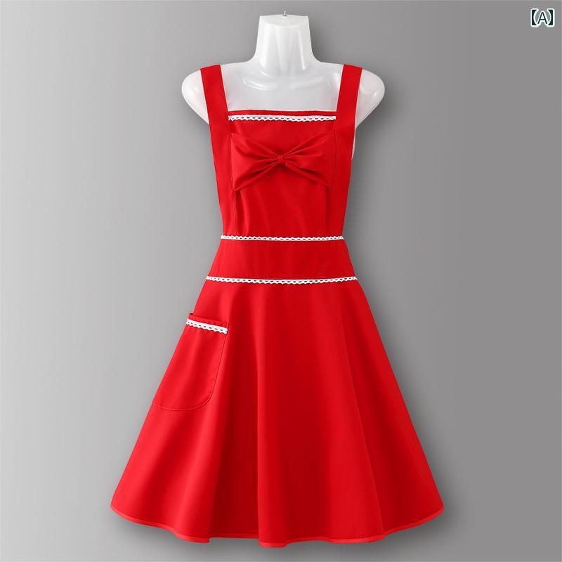 Sommelier Aprons - エプロン レディース 綿 かわいい レトロ プリンセス リボン ふんわり レース フリル ポケット ストラップ チェック 緑 黄 ピンク