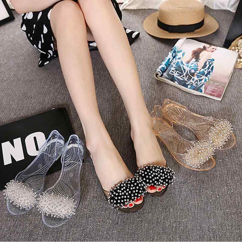 クリアサンダル レディース 夏 フラット大人 海ビーチ ラインストーン ローヒール オープントゥ 踵あり 黒 プラスチック おしゃれ 装飾