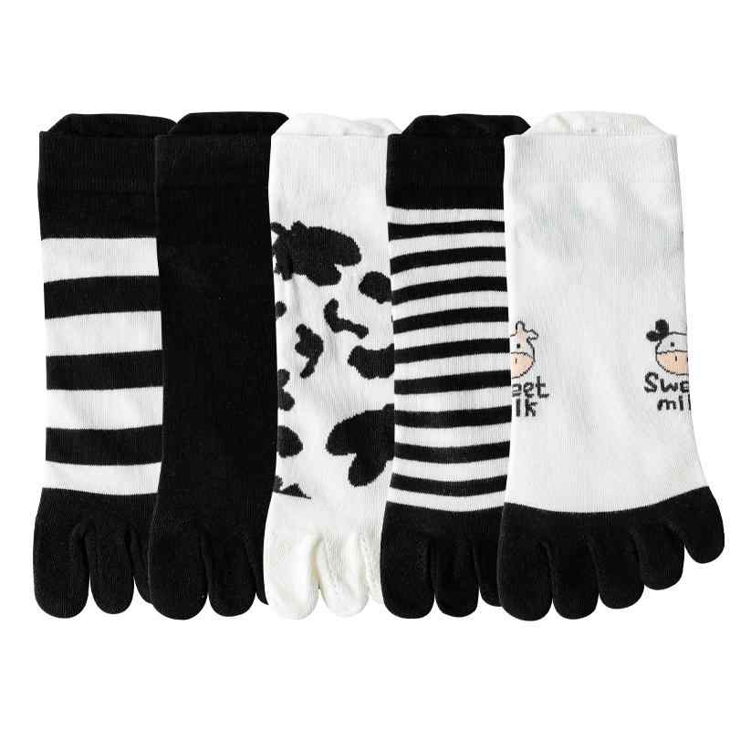 Five-Toed Socks - 靴下 5本指 レディース 夏 ソックス 薄手 綿 つま先 防臭 ストライプ 伸縮性 快適 くるぶし カジュアル 無地 牛柄 かわいい 白 黒
