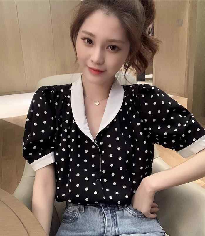 パフスリーブ 半袖 トップス ポルカドット 女性 夏 妖精 シフォンシャツ シングルブレスト ストレート おしゃれ ボリューム袖 丸襟 黒