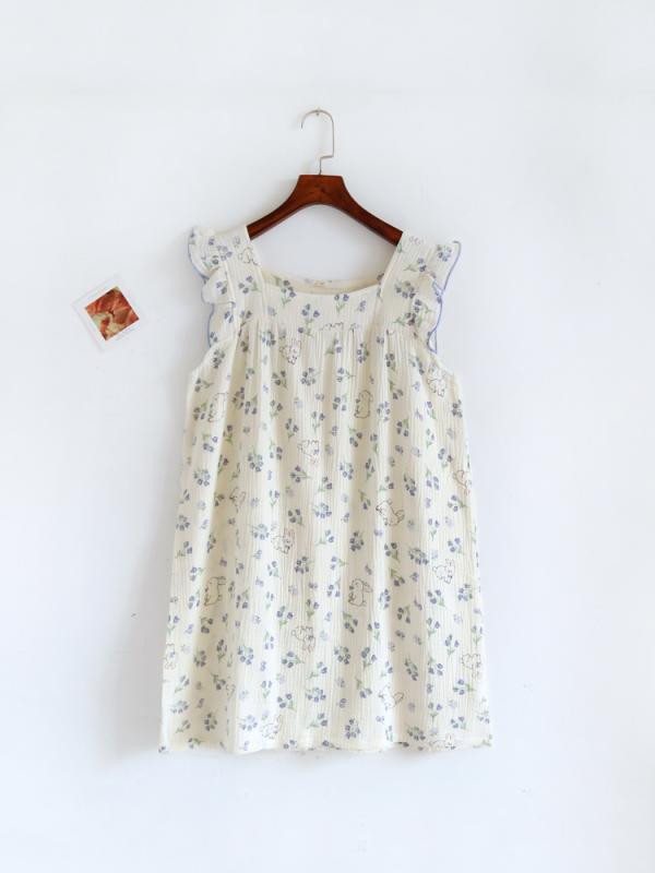 パジャマ レディース ルームウェア リラックス 綿 ダブルガーゼ 夏 薄手 快適 キャミワンピース 袖なし ノースリーブ かわいい ベージュ 白 紫 クマ ウサギ