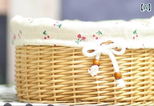 楽天フロントップ楽天市場店ラタン バスケット ラウンド 丸型 内布 藤 かご 収納 フルーツ 花 お菓子 小物入れ チェック ストライプ 茶 白 グレー インテリア 雑貨 おしゃれ