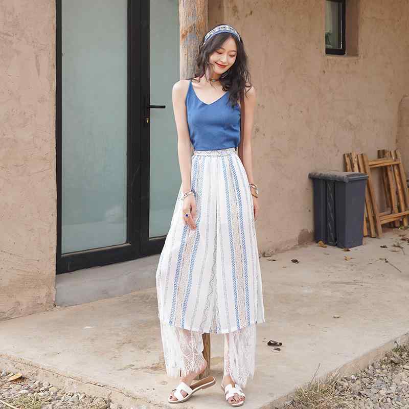 ワイドパンツ レディース ボヘミアン エレガント レース 夏 薄手 ハイウエスト ゆったり 履きやすい ビーチ 紐 白 カジュアル おしゃれ