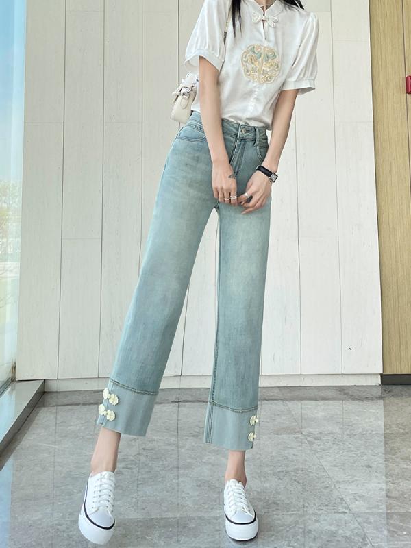 直筒褲 - ボトムス レディース デニム パンツ チャイナ風 ボタン ストレート ワイドレッグ 夏 薄手 ハイウエスト クロップド丈 小柄 カジュアル 脚長効果 青