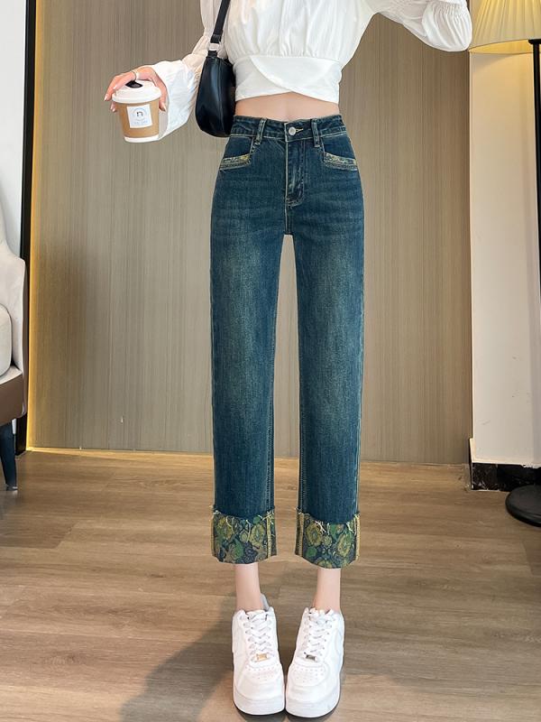 Low Top Jeans - ボトムス レディース ハイウエスト ストレート デニム パンツ プリント ロールアップ ジーンズ ルーズ 着痩せ 脚長効果 9分丈 ワイド 青 ポケット カジュアル