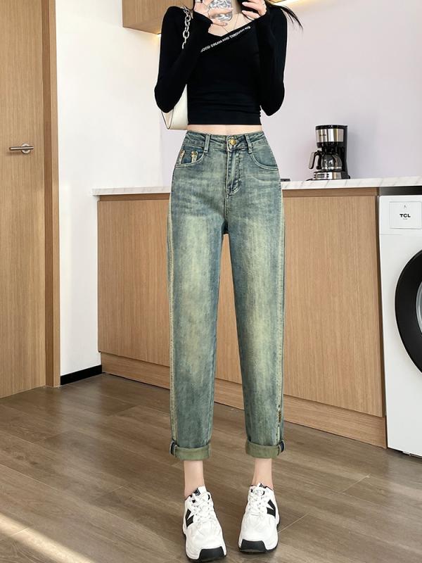 Nylon, Rayon, Polyester - ボトムス レディース ハイウエスト スキニー ジーンズ ストレート デニム 9分丈 細身 ダメージ加工 ロールアップ カジュアル 着痩せ 脚長効果 茶