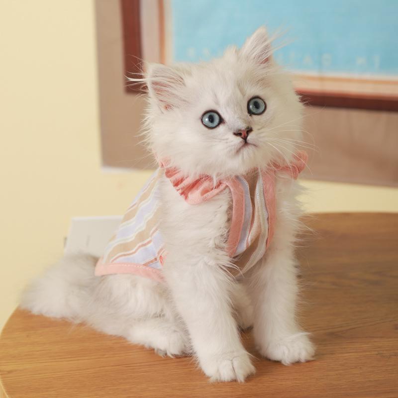 猫 服 夏 薄手 ベスト スリング カジュアル ストライプ フリル おしゃれ ピンク ブルー キャットウェア 保護 傷舐め防止 かわいい