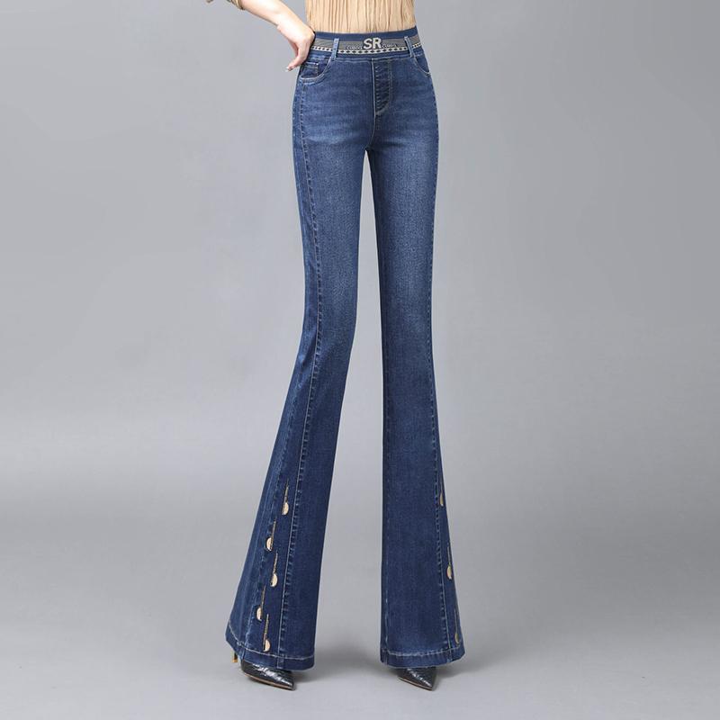 Boot Cut Jeans - フレアパンツ レディース 春秋 デニム ブーツカット ロング丈 ウエストゴム 刺繍 ストレッチ スリム フィット 着痩せ 脚長 ソフト カジュアル おしゃれ 青 大きいサイズ