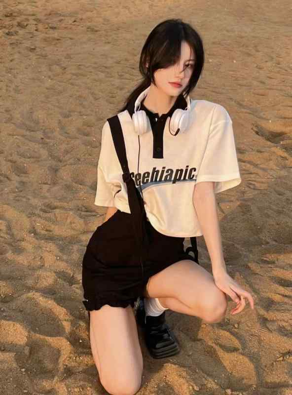 ポロシャツ レディース 半袖 ゆったり ルーズ ラフ カジュアル おしゃれ ショート 丈 コットン アメリ..