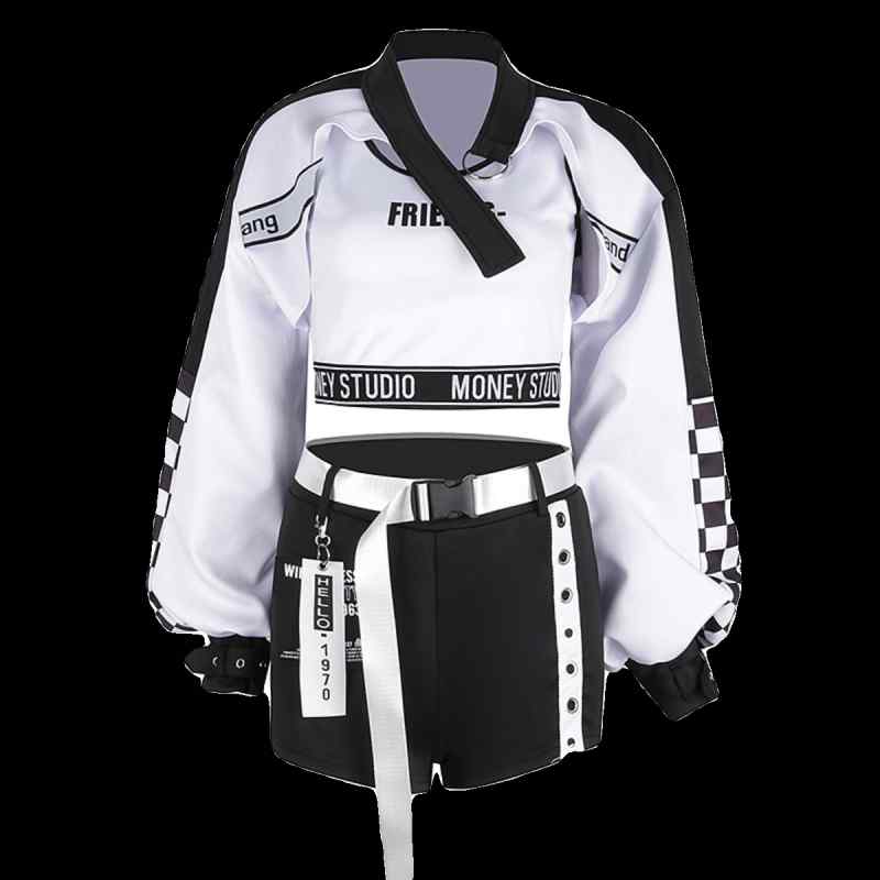 Costume - ダンス衣装 セットアップ レディース グループ パフォーマンス コスチューム ヒップホップ ストリート 韓国 歌 ジャズ 袖付き ベルト へそ出し タンクトップ 英字 黒 白