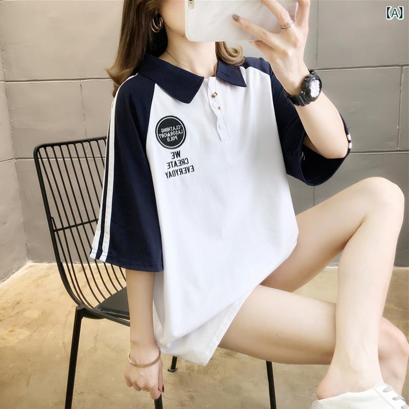 ポロシャツ レディース 半袖 ゆったり ルーズ ラフ カジュアル 韓国 おしゃれ 大きいサイズ 夏 カレッジ スタイル 薄手 長袖 ホワイト ブルー