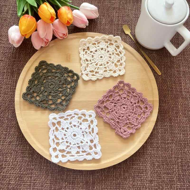 編み物 コースター スクエア型 正方形 アメリカン カントリー風 レース かぎ針編み プレースマット テ..