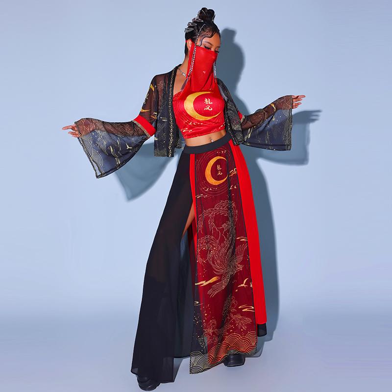 Costume - ダンス衣装 セットアップ レディース チャイナ風 大人 レトロ へそ出し グループ パフォーマンス スリット 和柄 華やか おしゃれ 赤