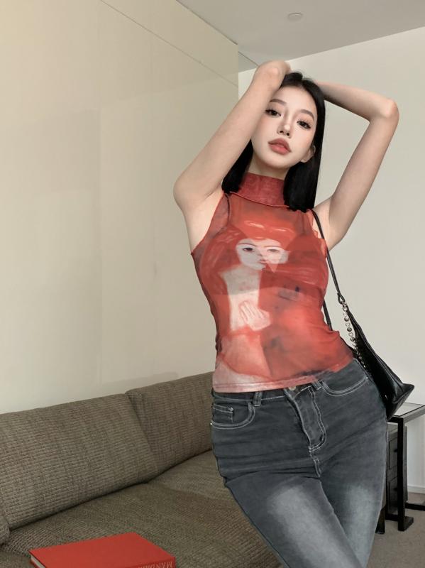 ハイネック ノースリーブ レディース 夏 薄手 トップス スリムフィット メッシュ 透け感 プリント 個性的 カジュアル セクシー 赤