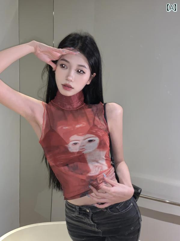 ハイネック ノースリーブ レディース 夏 薄手 トップス スリムフィット メッシュ 透け感 プリント 個性的 カジュアル セクシー 赤